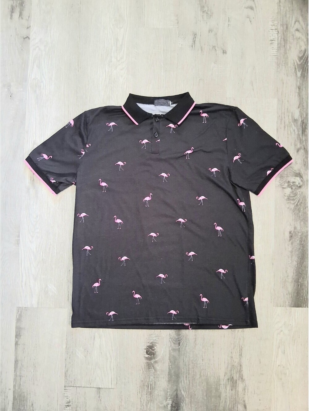 Shein Men's Lg Black Pink Tropical Short Sleeve Casual Flamingo Print Polo Shirt